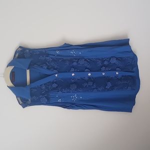 Sleeveless Blouse Top Blue Cotton Floral Embellished & Embroidered mesh detail